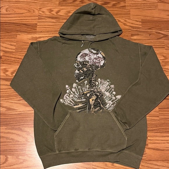 Social Collision Shroom Small S/M Head Pullover Hoodie Sweater olive green NWOT - Picture 1 of 5